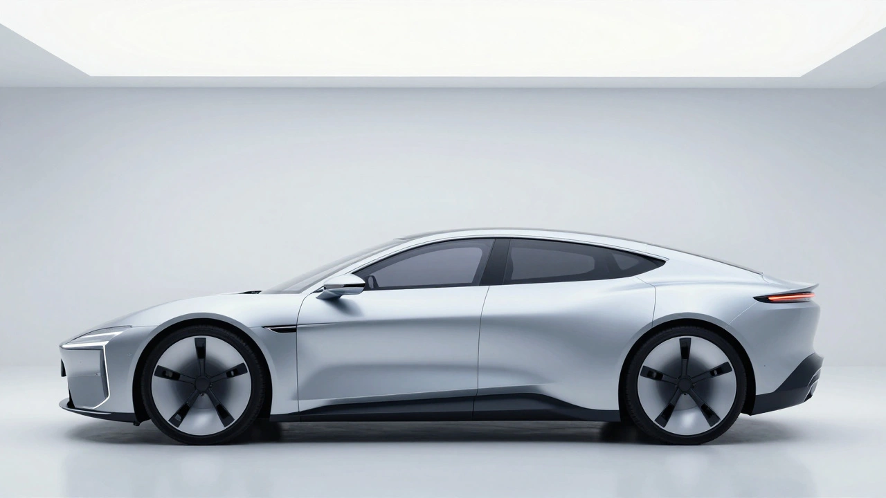 Sleek, minimalist silver electric luxury car in a modern white studio