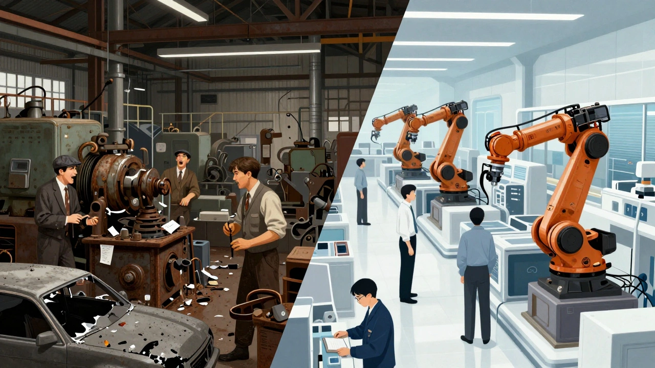 Split image comparing a chaotic 1970s British factory with a precise Japanese factory.