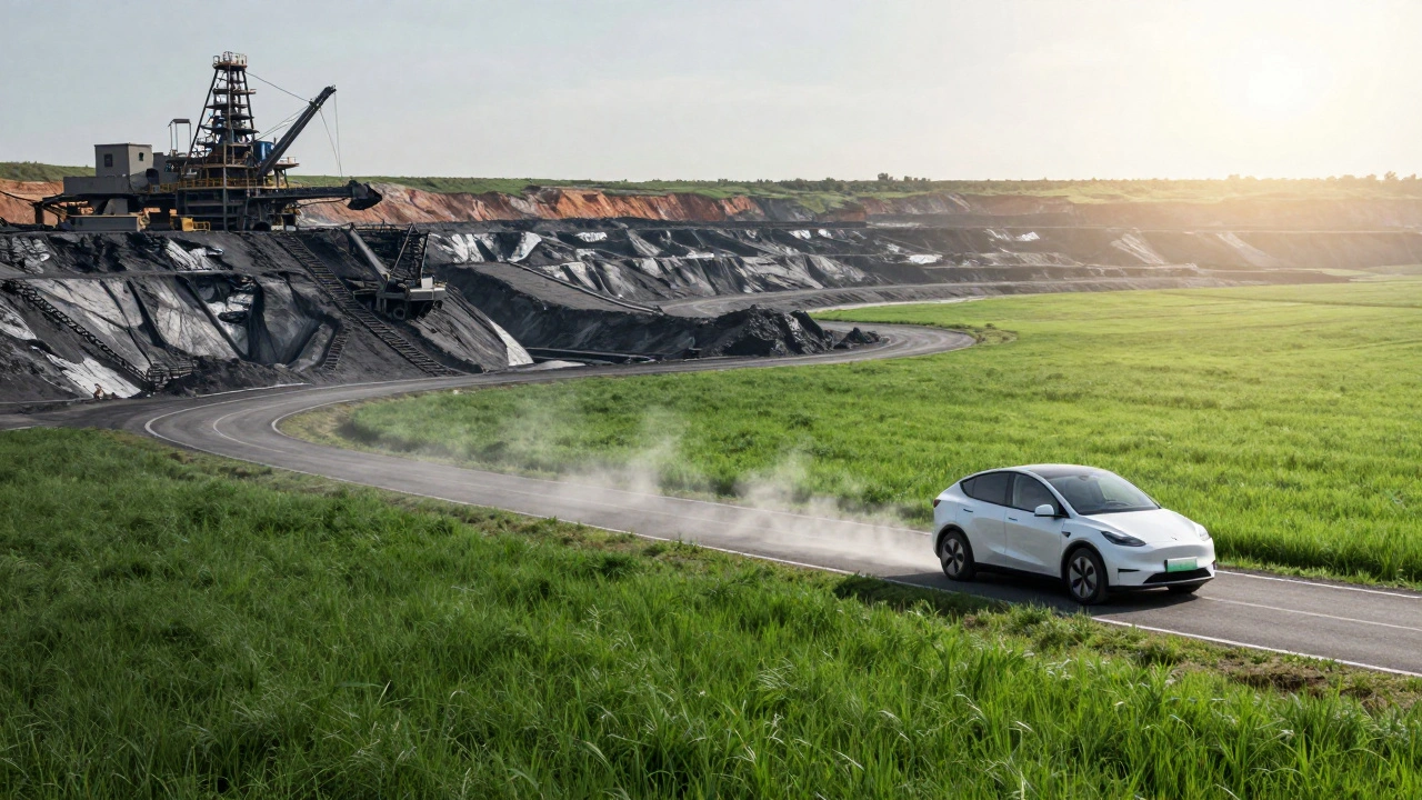 Split screen showing a lithium mine contrasted with a lightweight EV driving through a lush green landscape.