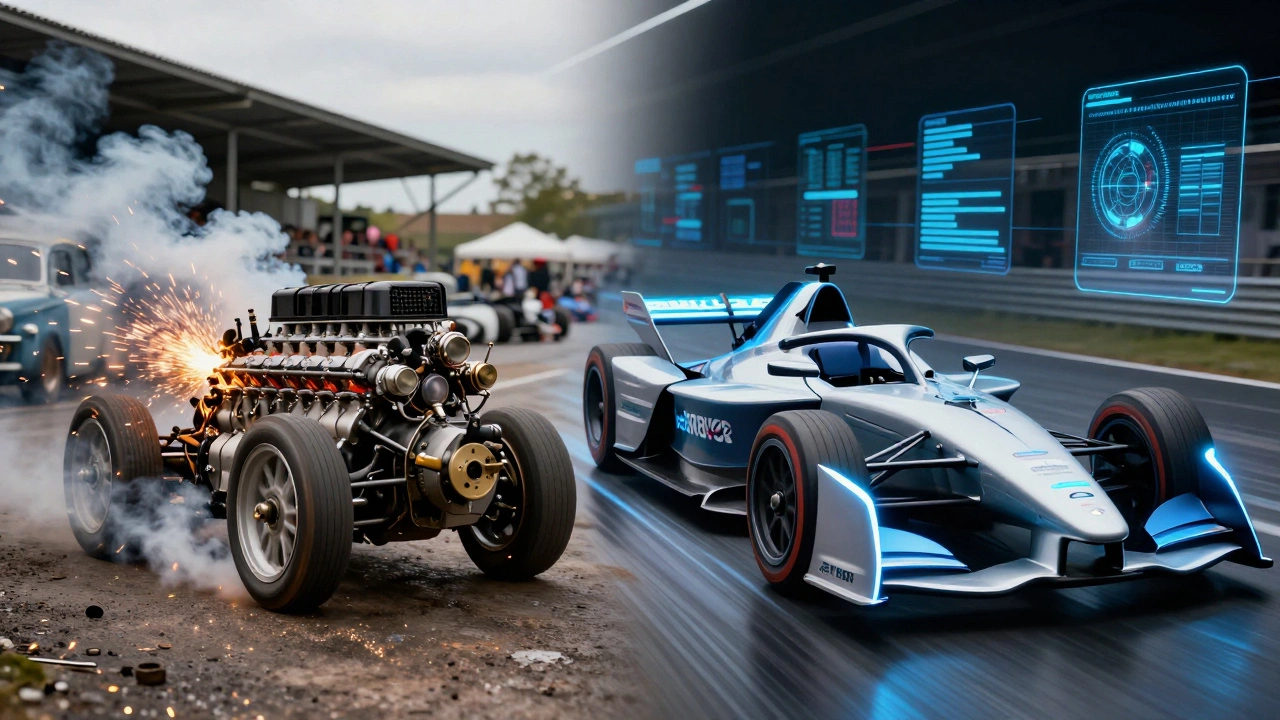 Split view comparing a traditional combustion engine racer with a modern electric racing car