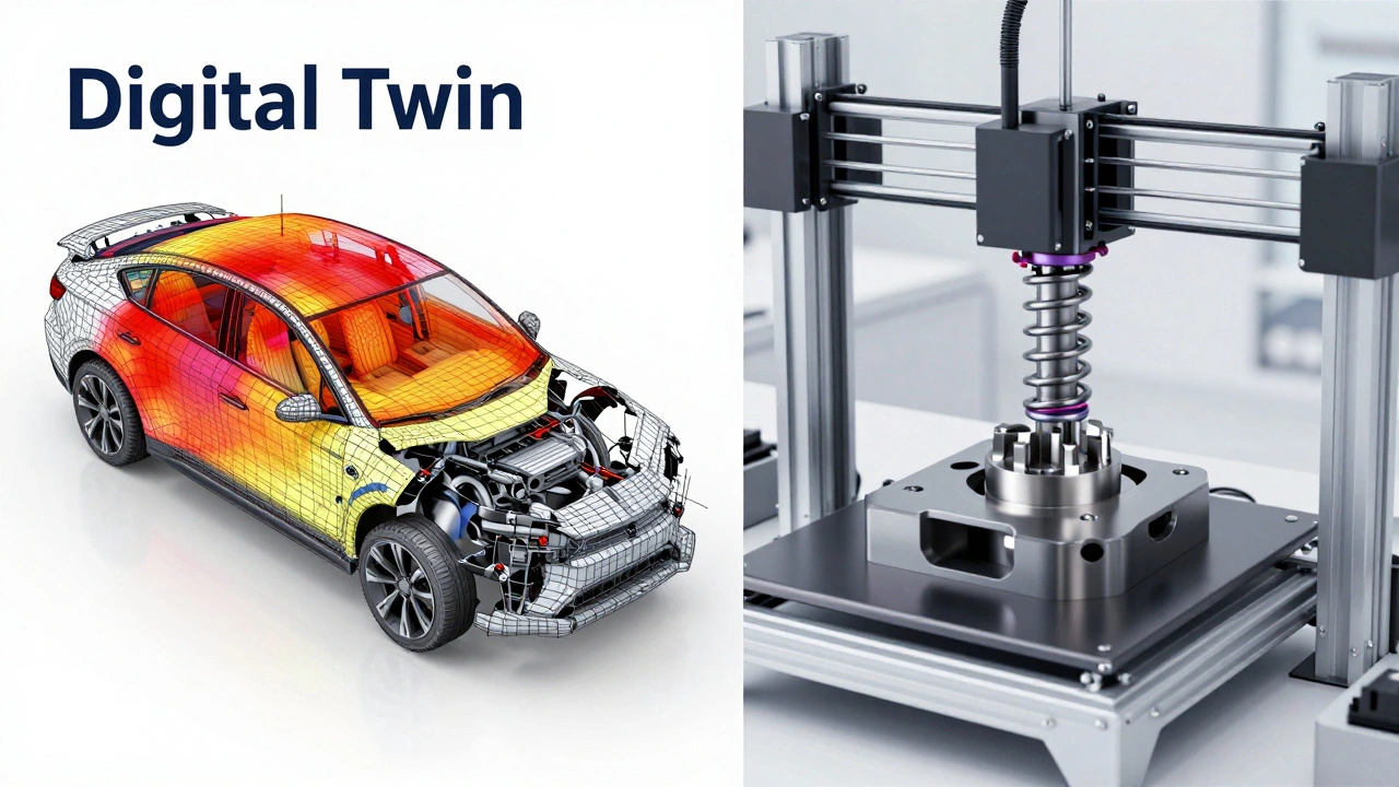 Split view of a digital twin car simulation and a 3D printer creating a titanium car part.