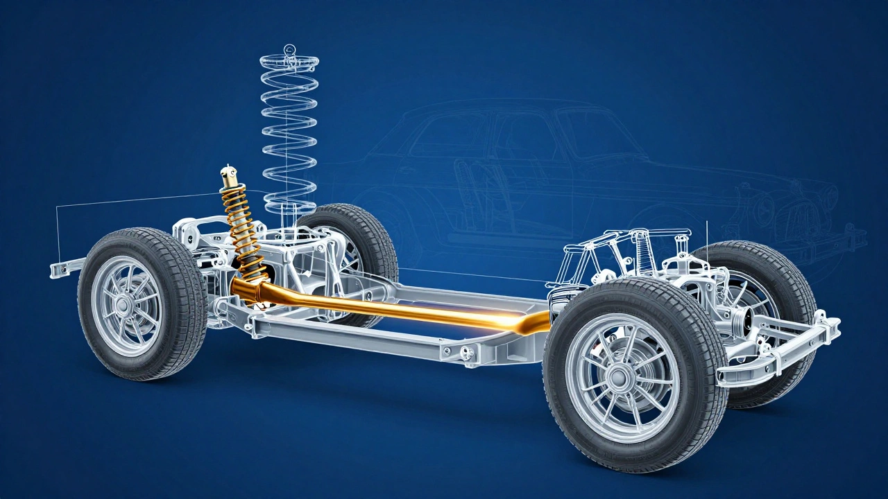 Technical diagram showing a horizontal torsion bar suspension under a car floor