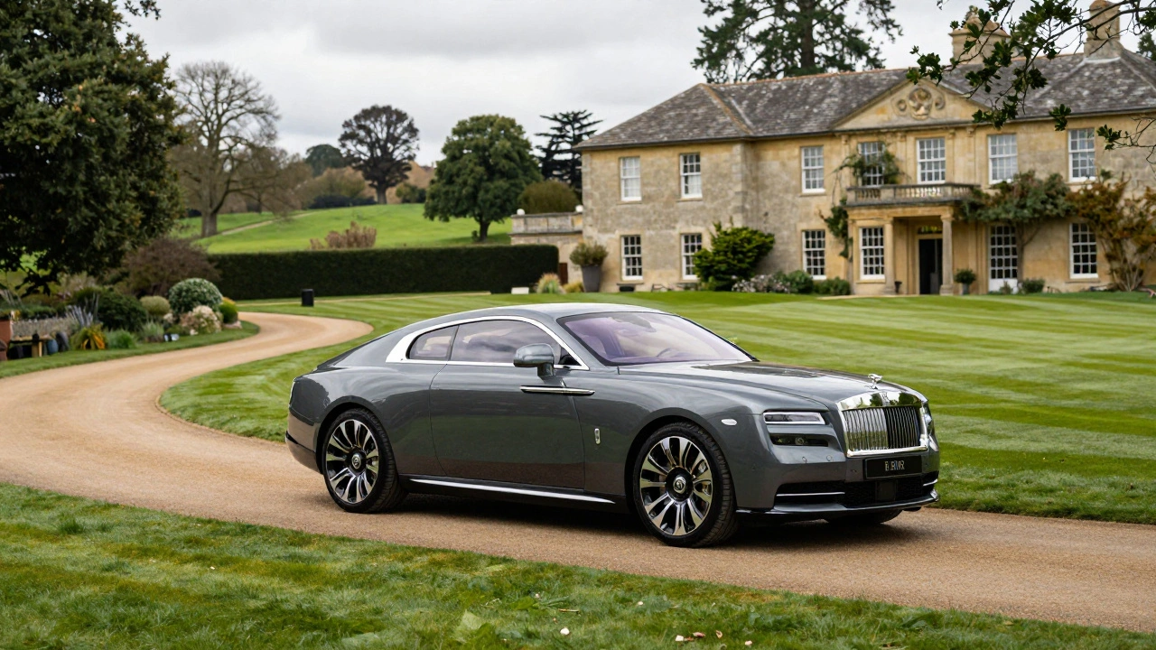 The electric Rolls-Royce Spectre parked on a scenic driveway at the historic Goodwood estate.