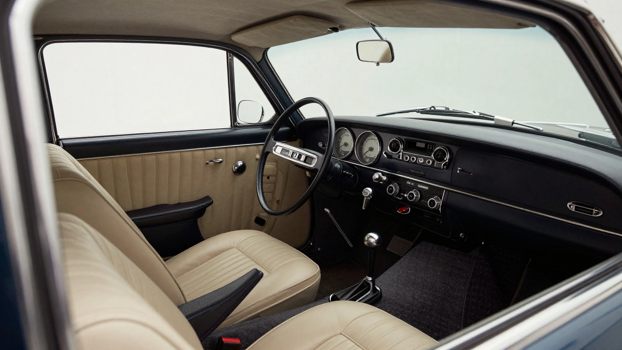 The wide, ergonomic interior dashboard and spacious cabin of a vintage Rover P6.
