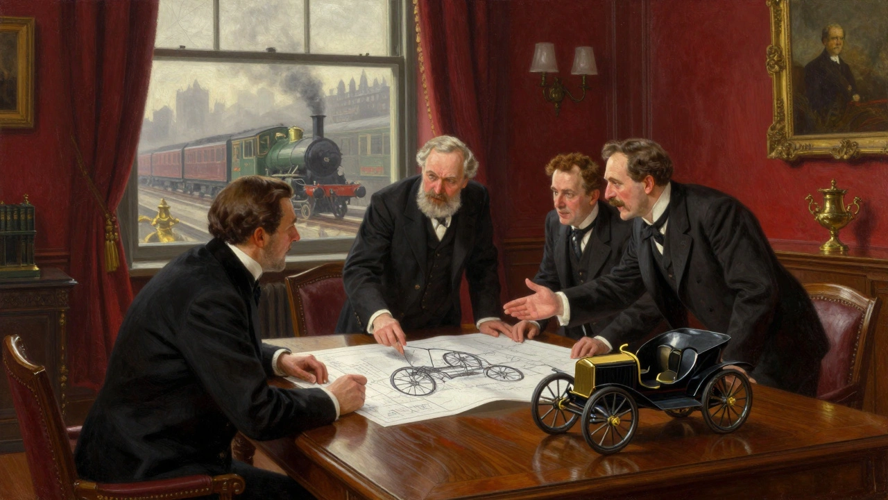 Victorian investors in a mahogany boardroom discussing early automotive blueprints.