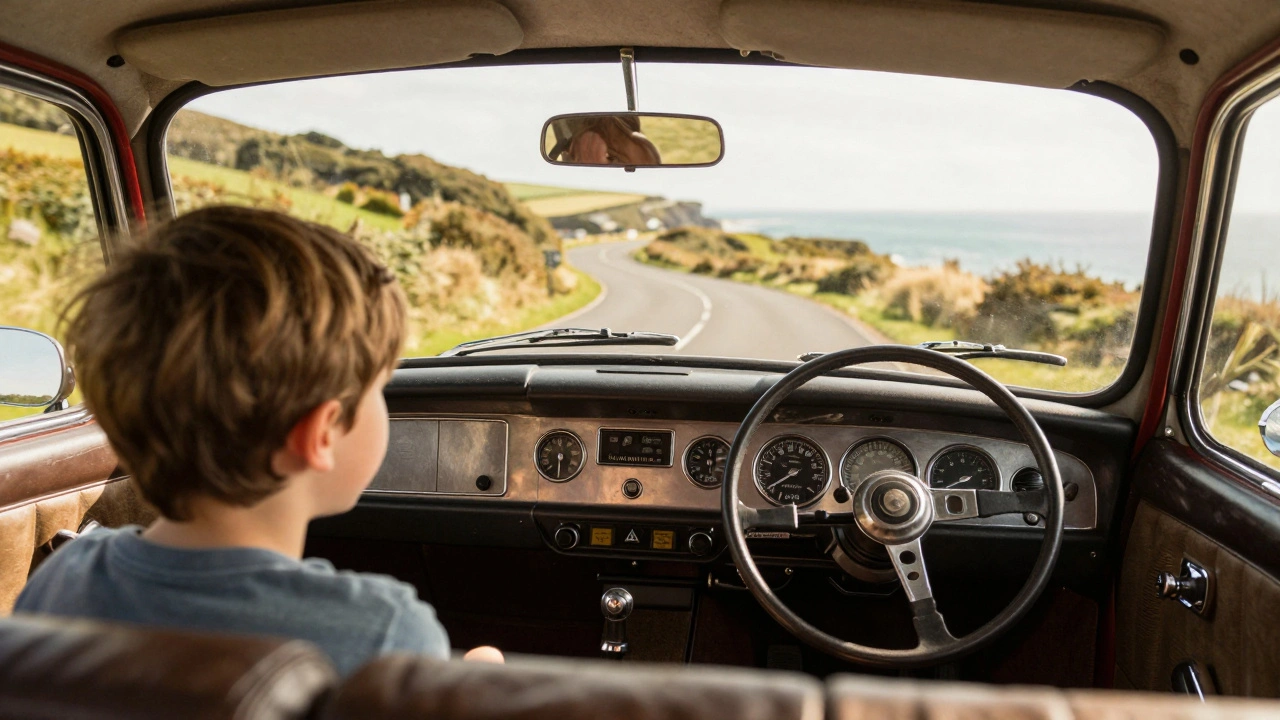View from the backseat of a vintage British estate car driving along a sunny coast