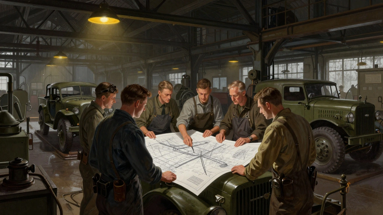Wartime engineers collaborating over military vehicle blueprints in a gritty industrial factory.