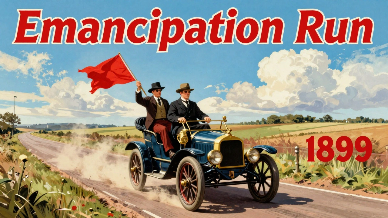 An early car overtaking a red flag bearer during the 1896 Emancipation Run.