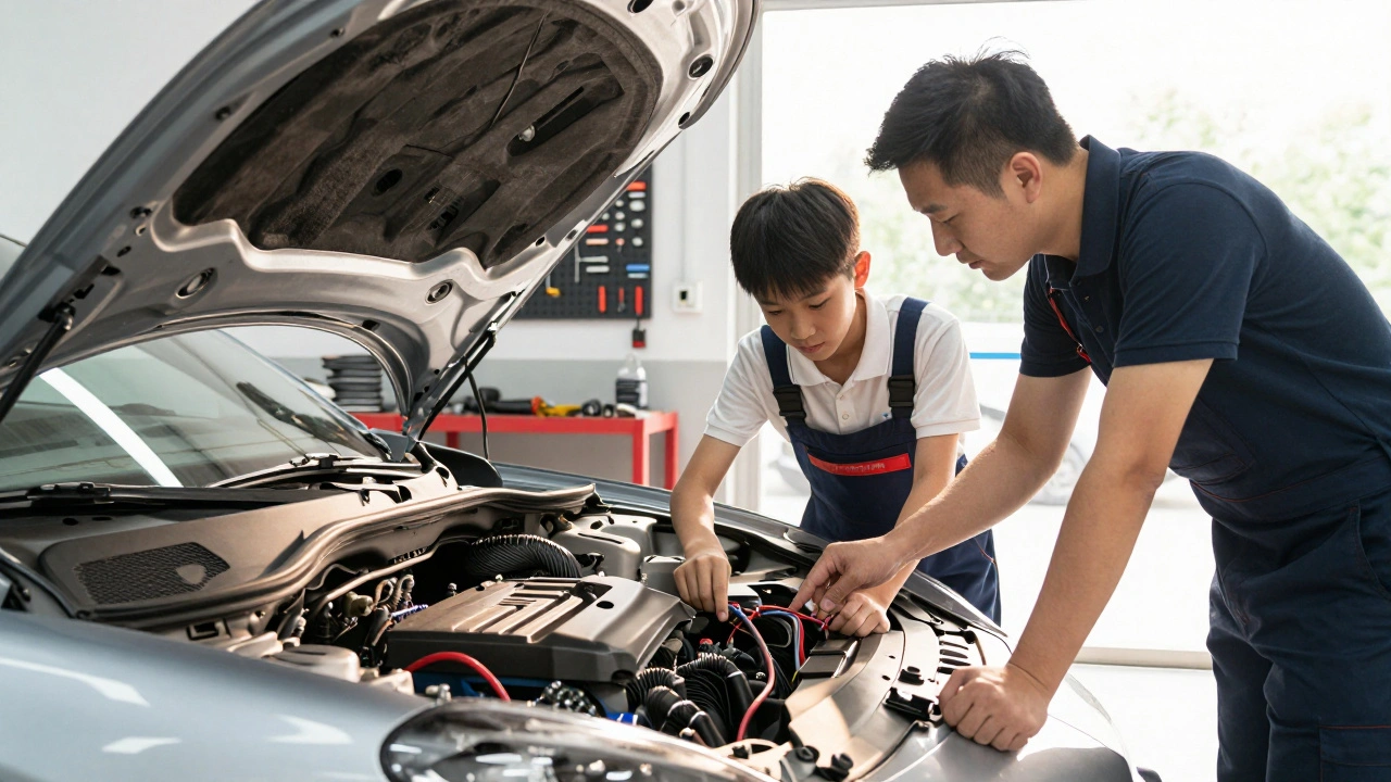 Apprentice learning car diagnostics from a mentor in a workshop.