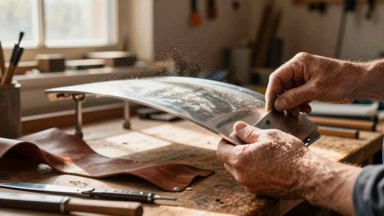 Artisan hands shaping aluminum car panel with hammer and dolly in workshop