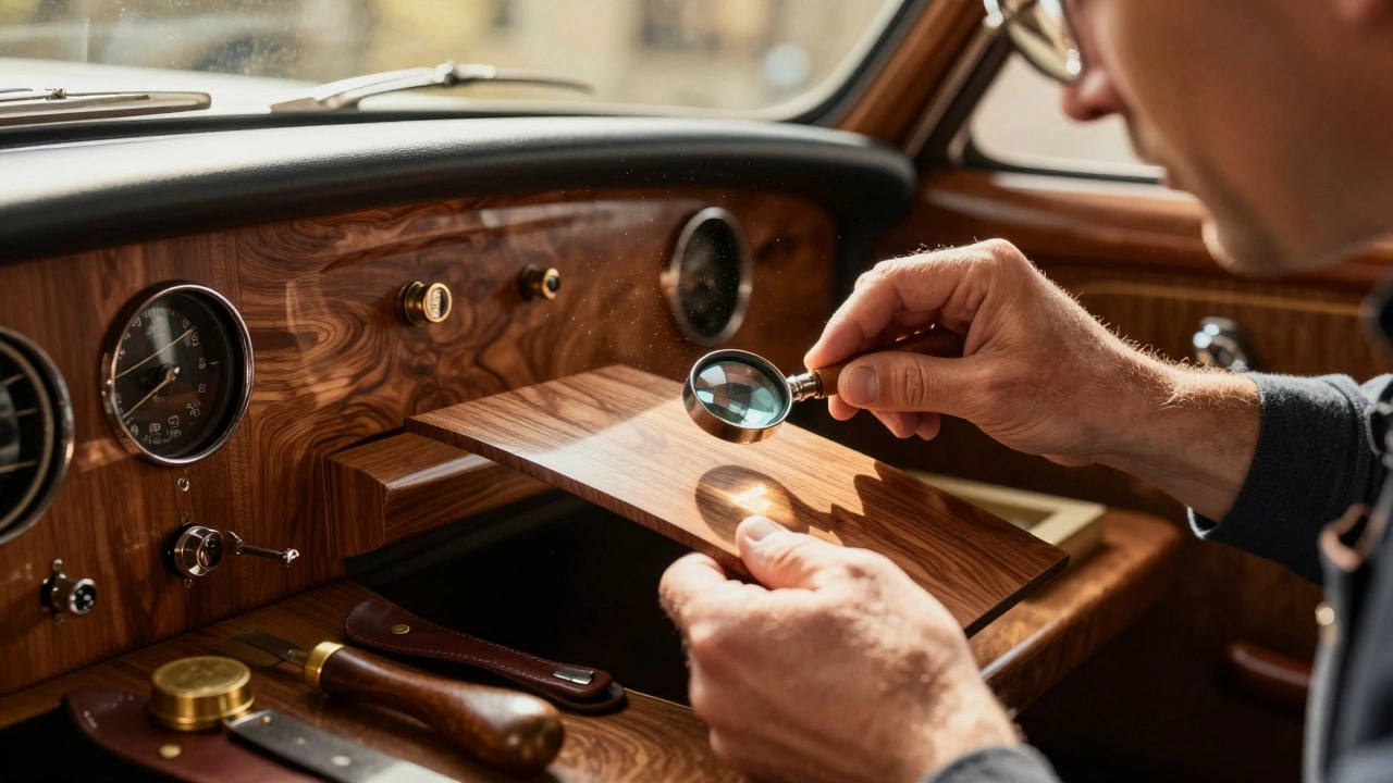 Artisan inspecting wood veneer in a classic car workshop