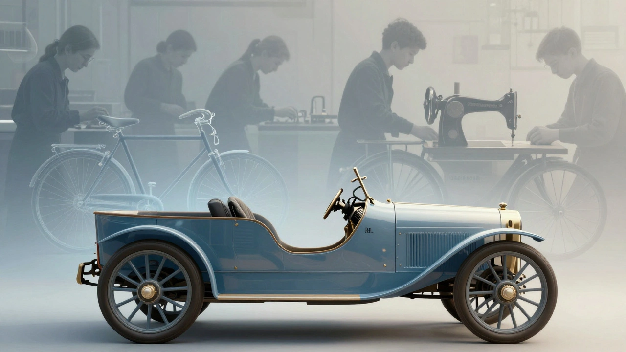 Artistic blend of cars, bikes, and sewing machines showing skill evolution