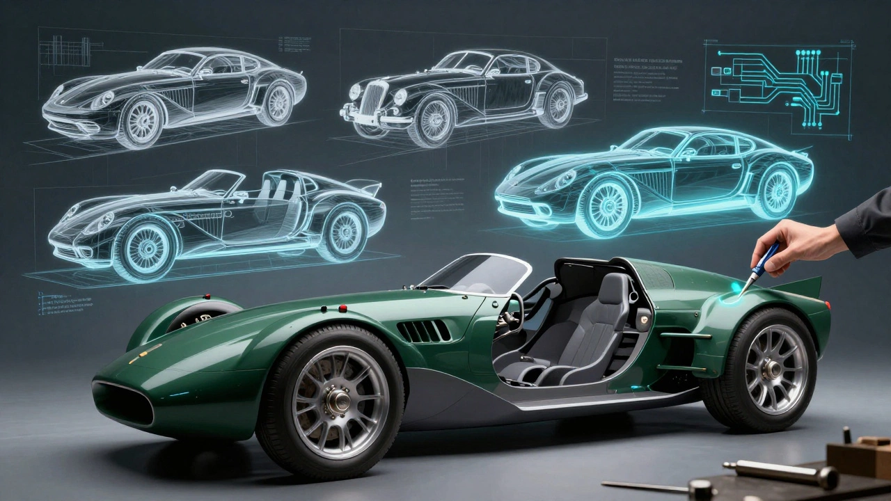 Artistic blend of electric car chassis and classic coachwork design, showing industry evolution.