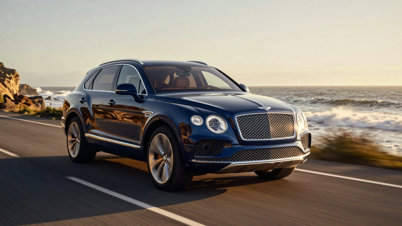 Bentley Bentayga SUV driving fast on scenic coastal road