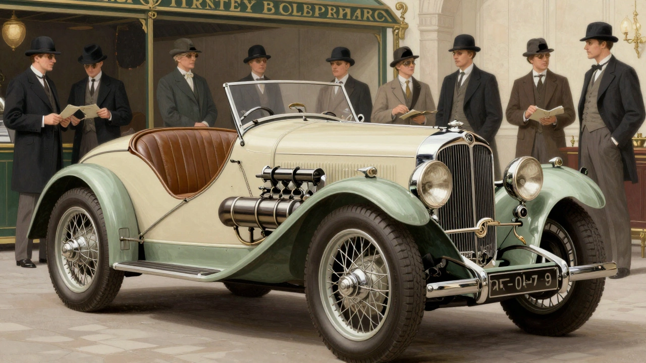 Blower Bentley admired by Bentley Boys in a 1920s art deco setting