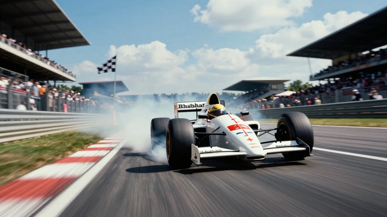 Brabham-BMW F1 car speeding down a track during the 1980s.