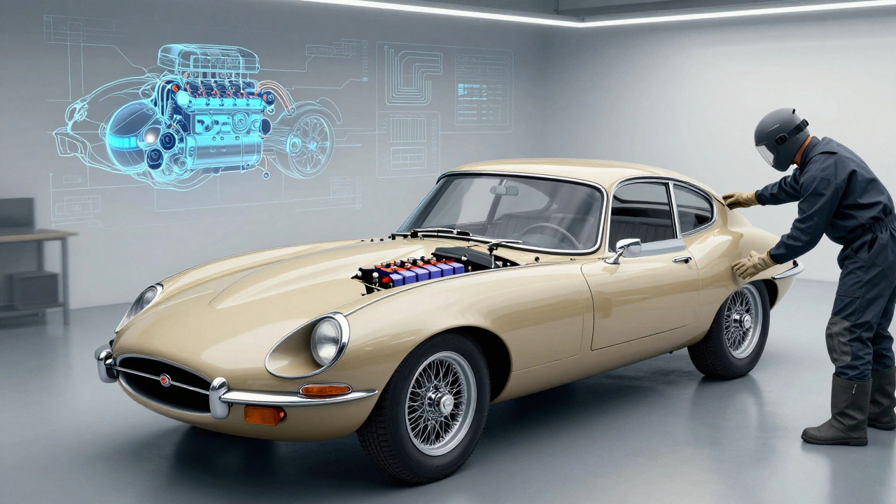 Classic car chassis being converted to electric powertrain