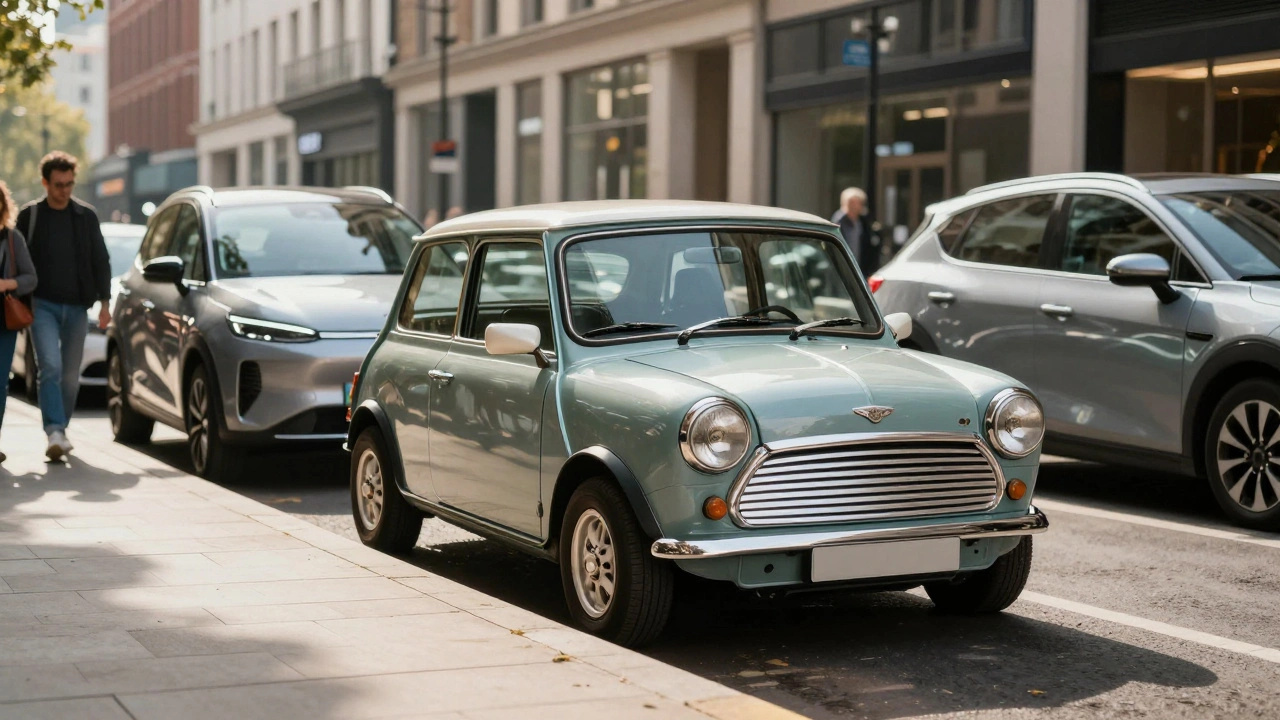 Classic Mini parked in tight urban space among modern cars