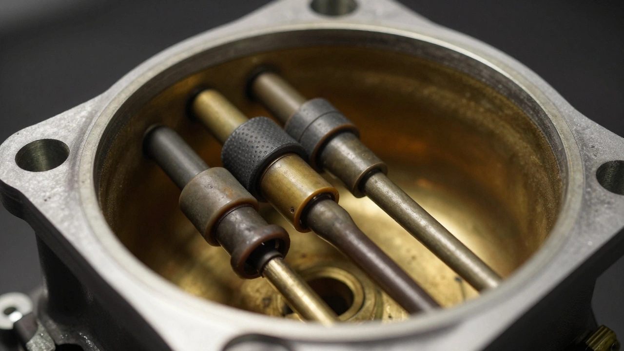 Close-up of vintage carburetor internals showing ethanol damage