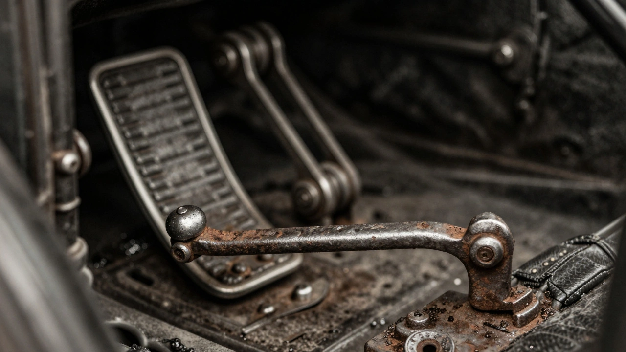 Close-up of vintage hand brake lever and foot pedal mechanisms showing technological evolution