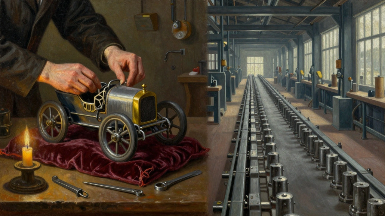 Contrast between hand-fitted car parts and standardized assembly line components