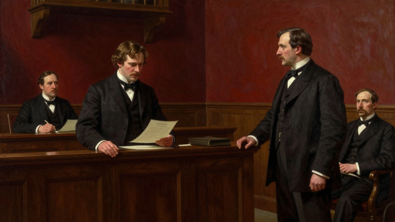 Courtroom drama between Frederick Simms and Charles Rolls over patent rights.