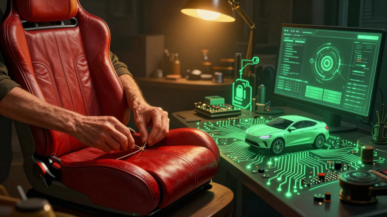 Craftsman stitching leather merging with digital EV tech circuits.