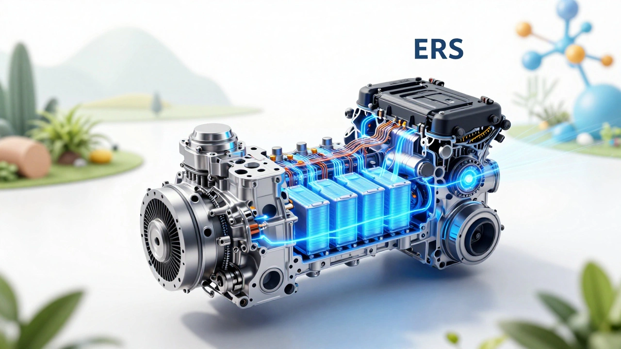 Cutaway view of a hybrid engine with glowing energy recovery systems and battery tech.
