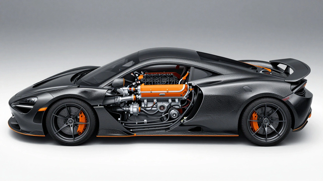 Cutaway view showing the compact mid-engine packaging inside a McLaren supercar.