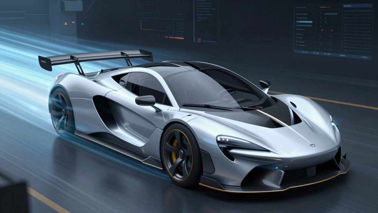 Digital art of electric car with airflow streamlines and carbon frame