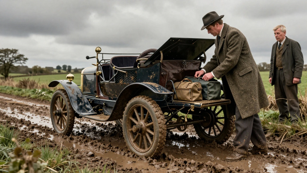 Doctor retrieving medical supplies from a muddy Humber car on a rural road