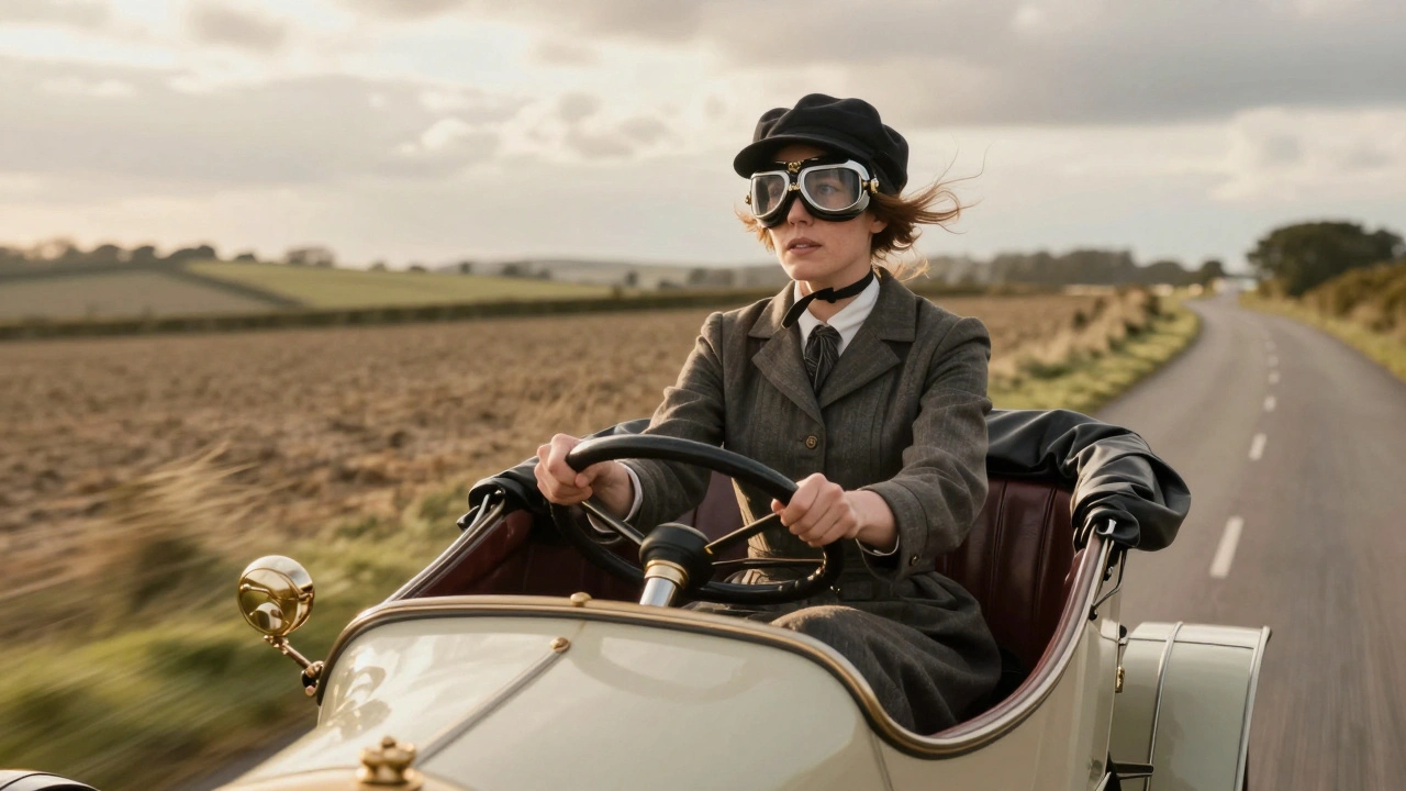 Edwardian woman driving a touring car on a sunny country lane