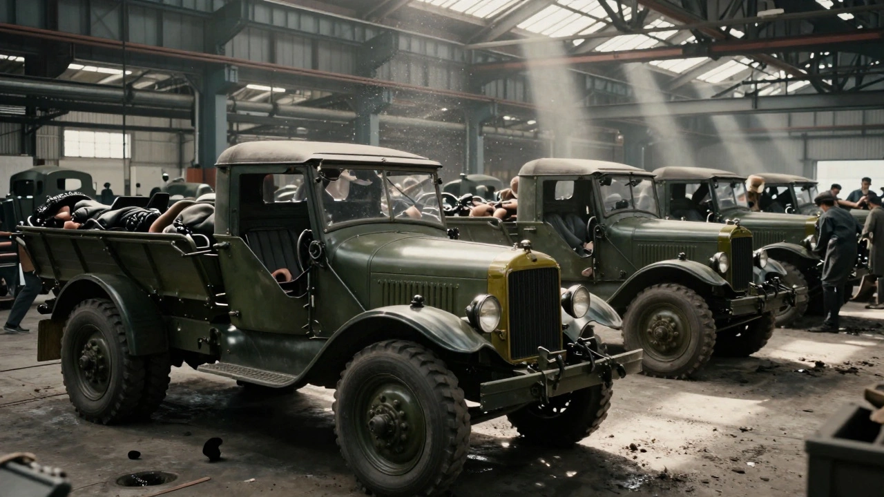 Efficient assembly line producing standardized military vehicles in 1914.