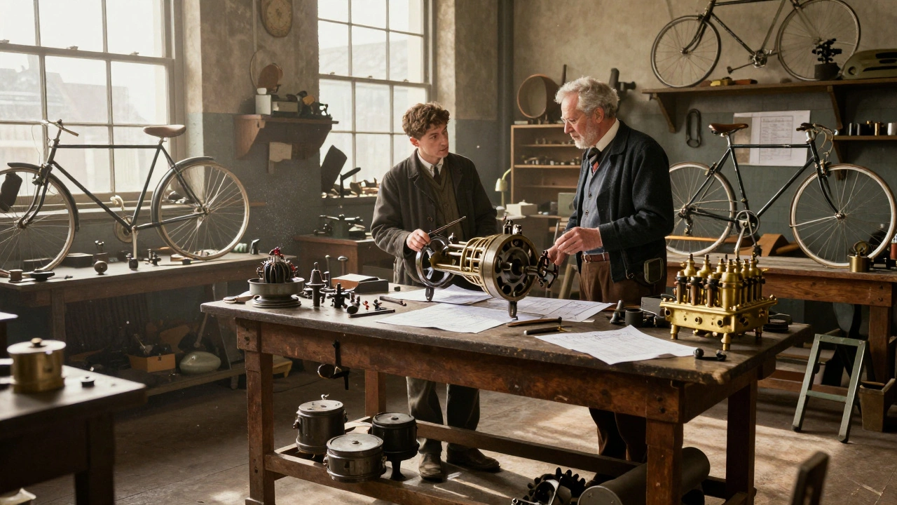Engineers collaborating on car prototypes in a busy 1890s workshop
