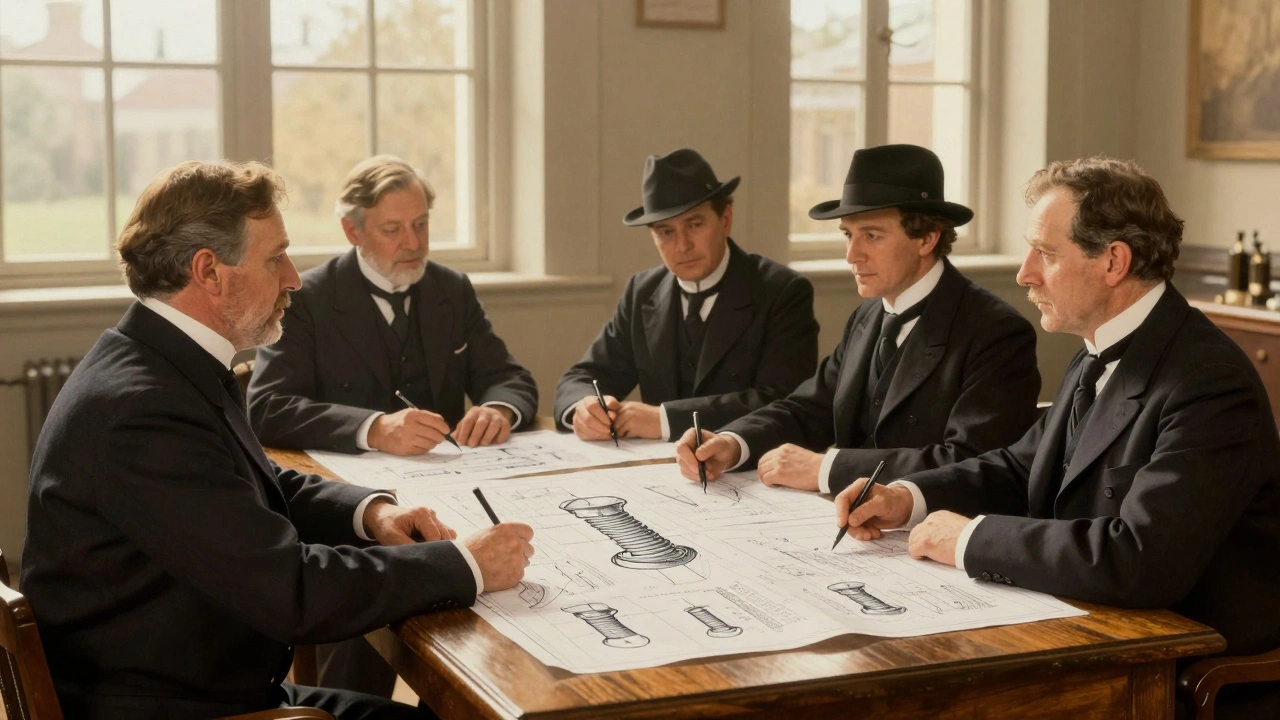 Engineers discussing standardized threads at an Edwardian era meeting.