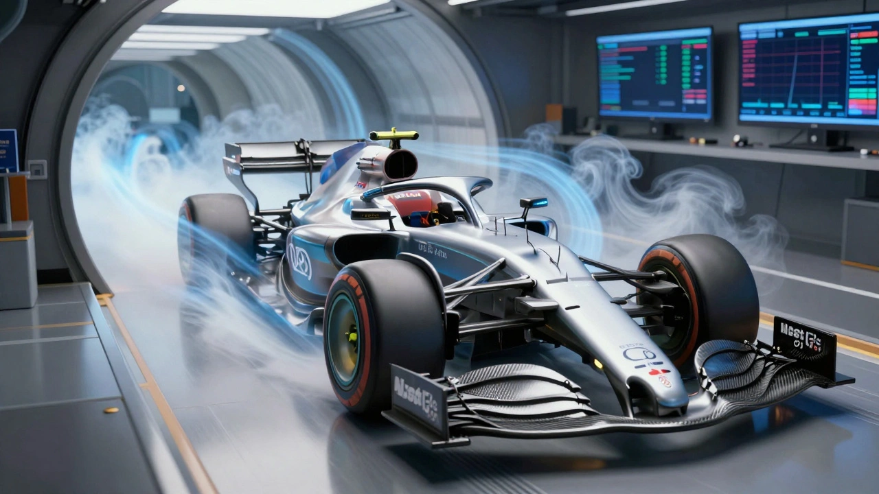 Formula 1 car in a wind tunnel with smoke trails showing aerodynamic airflow patterns.