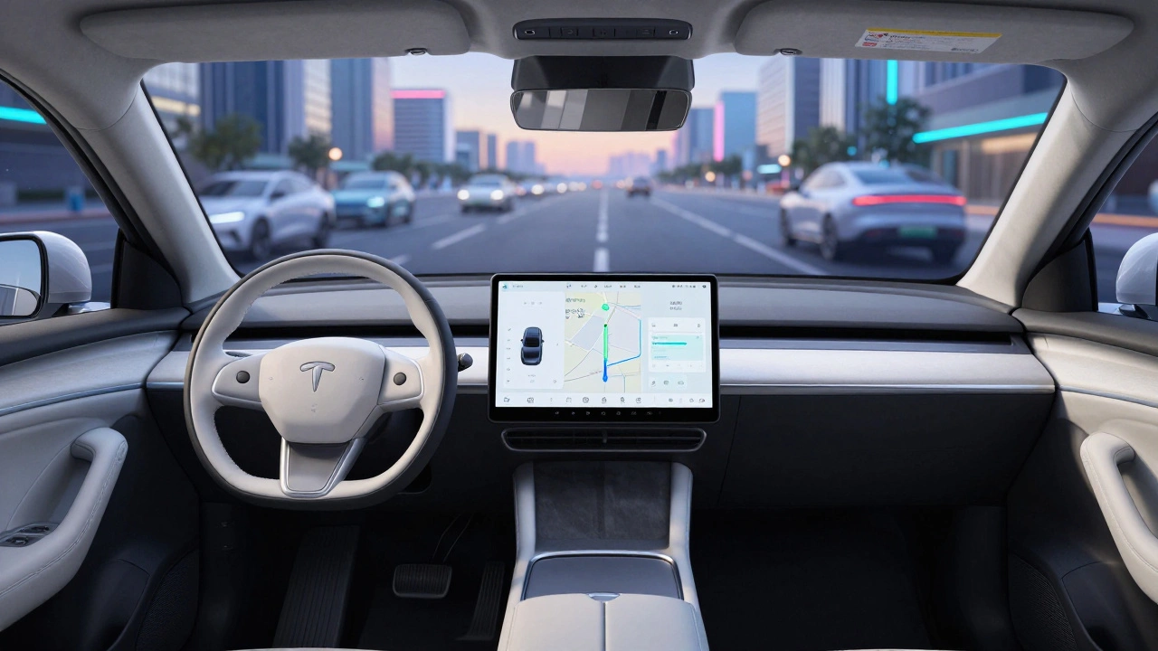 Futuristic EV interior with minimalist dashboard and smart city view, symbolizing the future of automated driving.