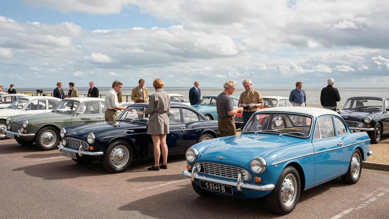 Group of Triumph Spitfires at a coastal car club rally in the 1960s