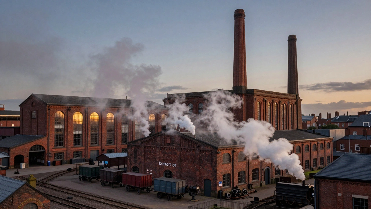 Historic Coventry factory emitting steam at dusk, symbolizing early automotive industry.