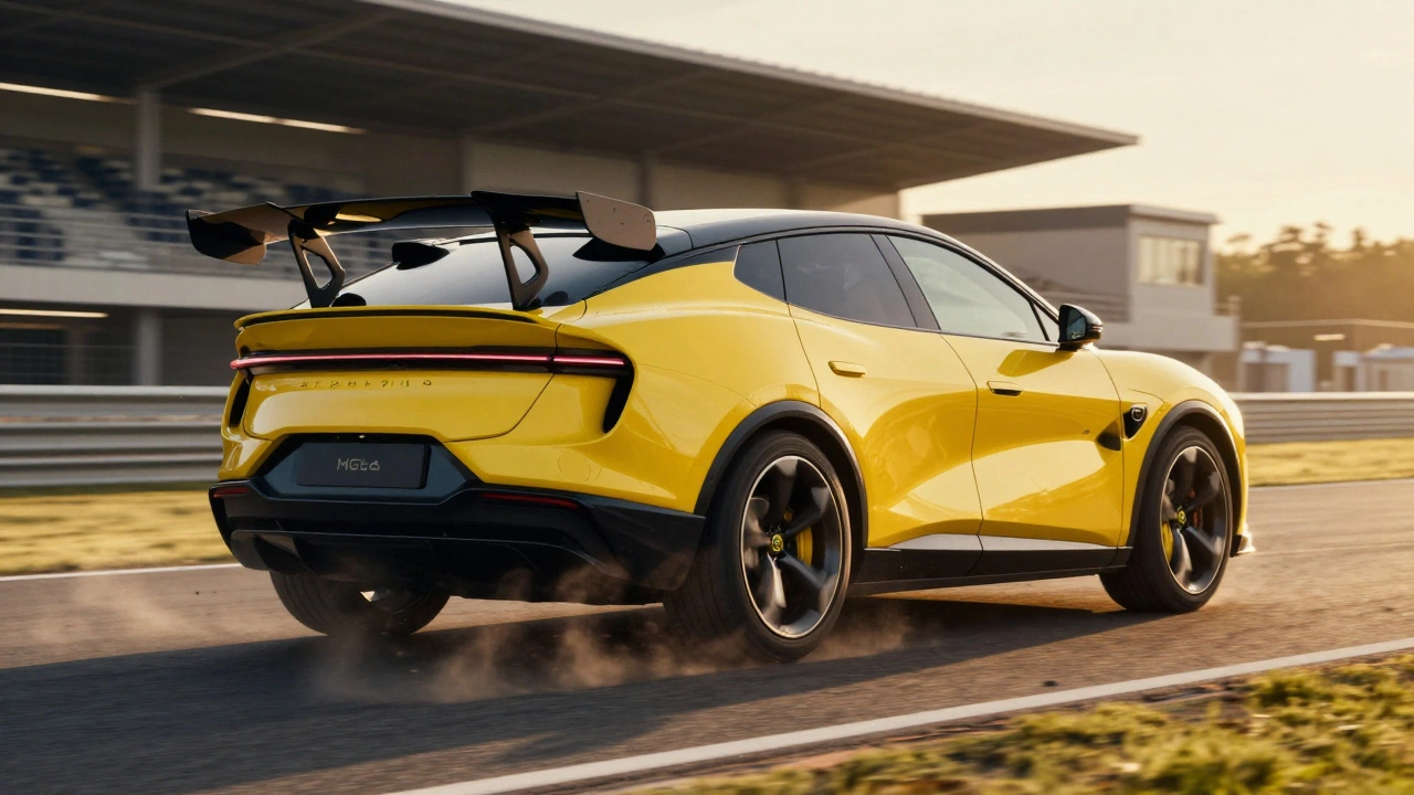 Lotus Eletre SUV on a race track with active aero wing deployed during high-speed cornering.