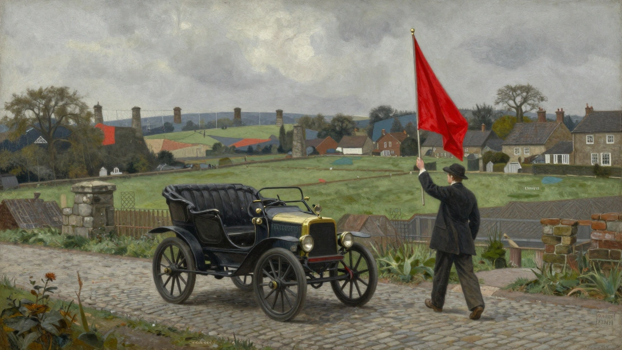 Man waving red flag before an early car on a cobblestone road
