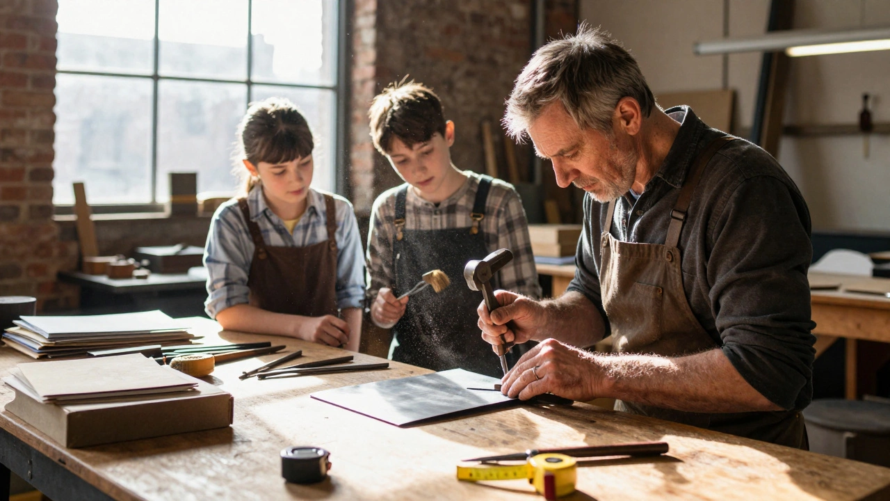 Master craftsmen teaching apprentices traditional metal-shaping techniques in a British workshop.