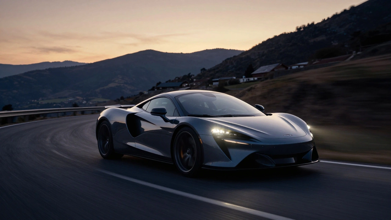 McLaren Artura driving fast on a winding mountain road at dusk.