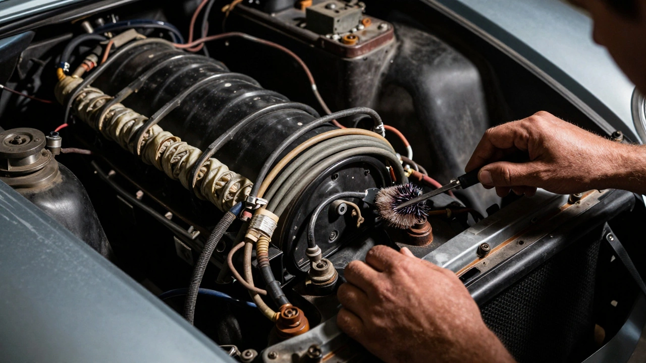 Mechanic cleaning oxidized wiring grounds in classic car engine
