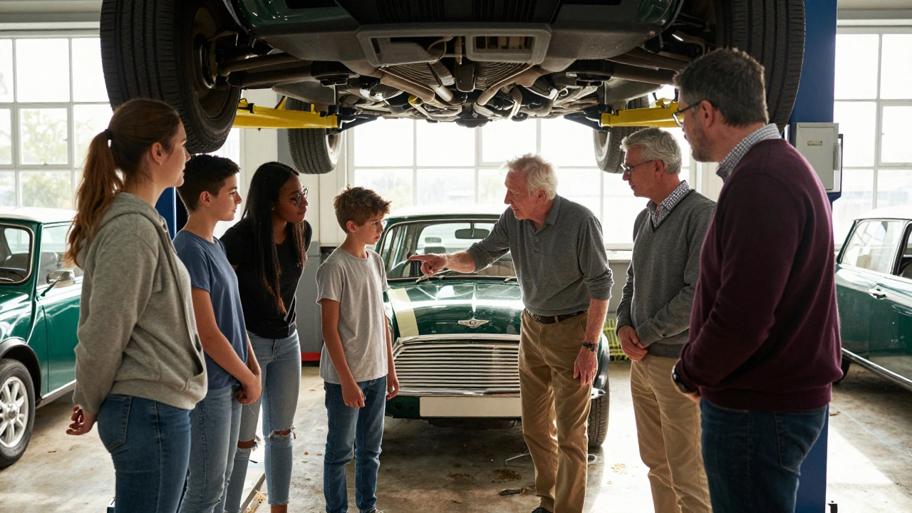 Mentor teaching teens about car mechanics at a club meeting