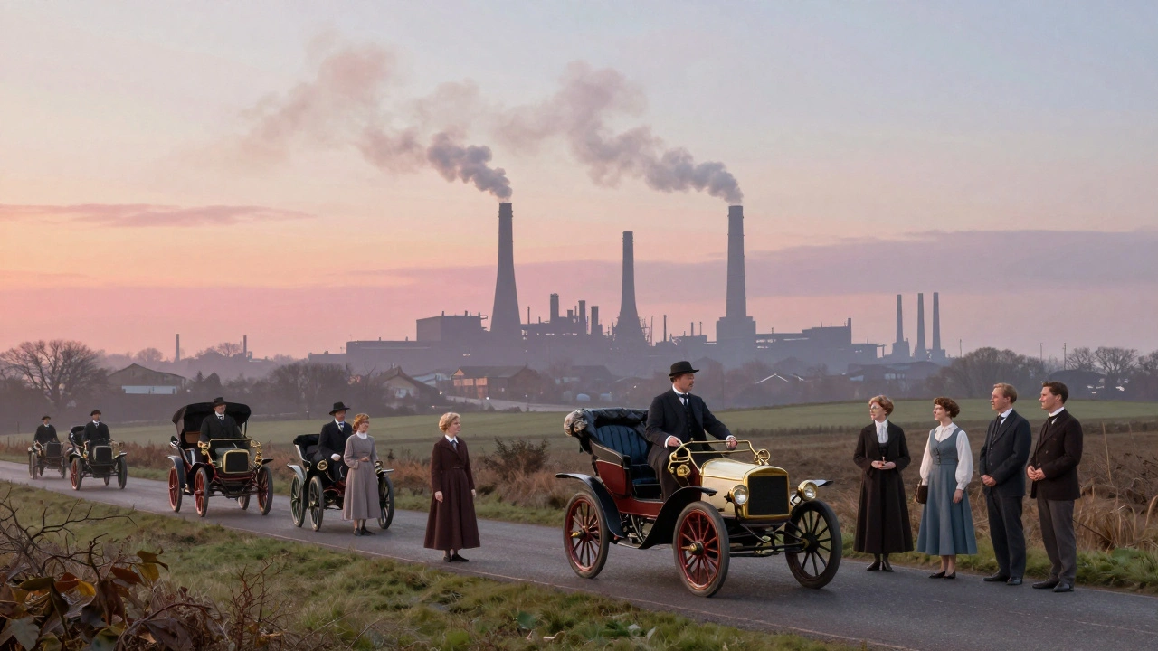 Middle-class families with an Austin car on a road near Edwardian factories.