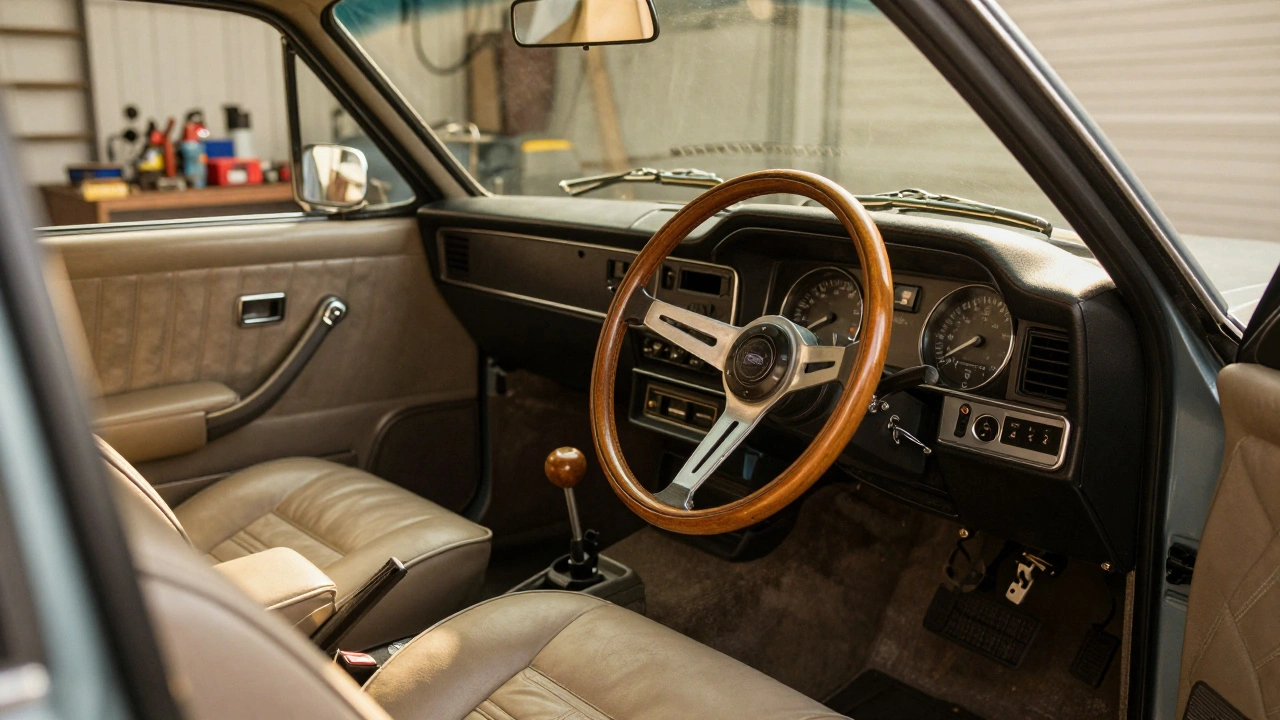 Restored Ford Cortina Mk IV interior with analog dashboard