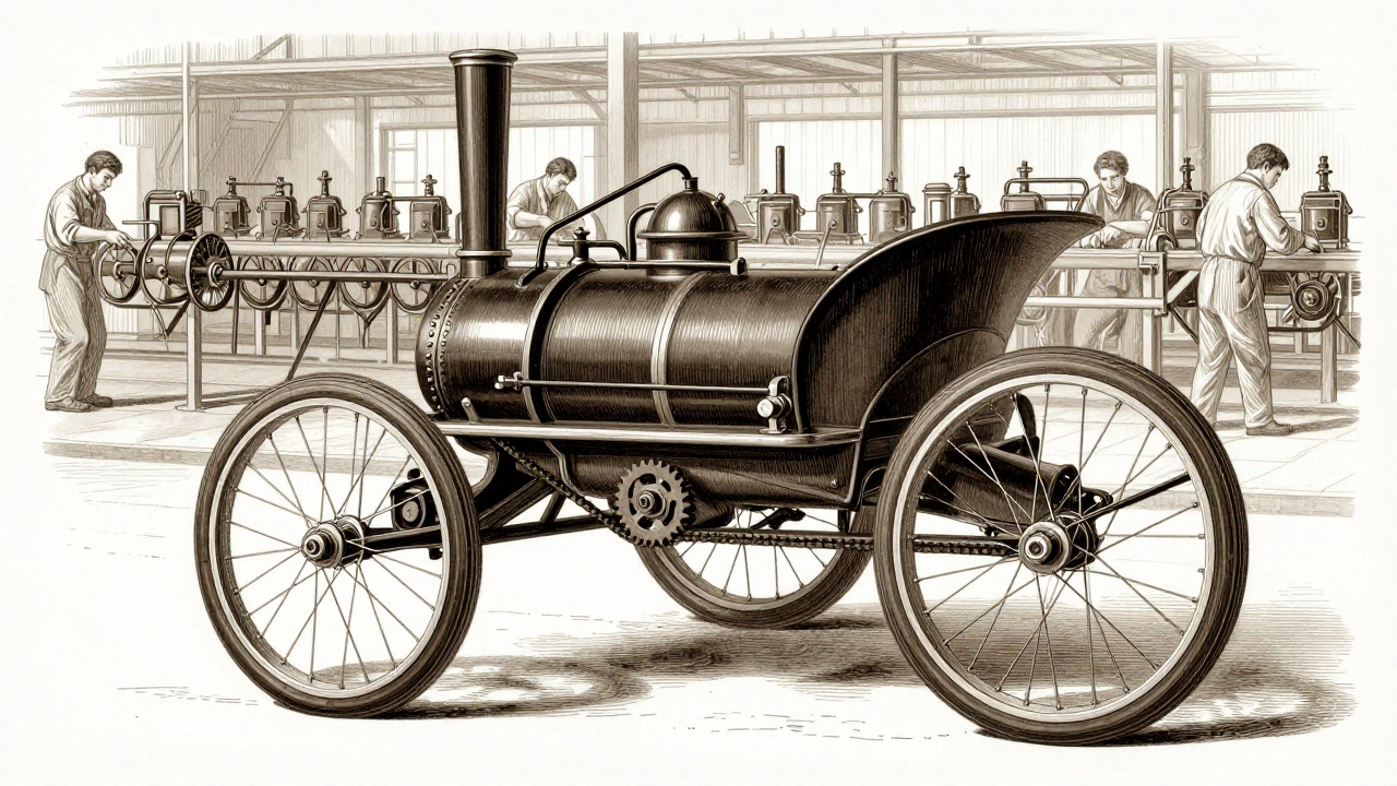 Sepia engraving of a De Dion-Bouton steam tricycle undergoing serial production.