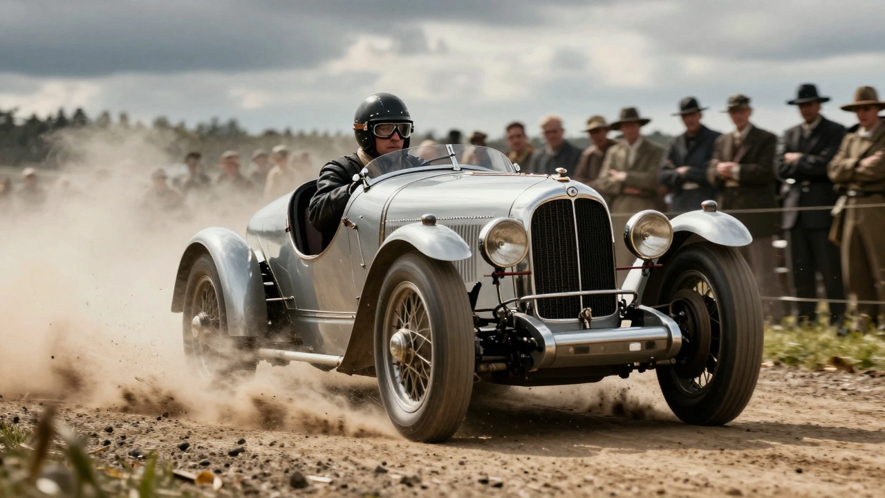 Silver Bentley Speed Six racing through dust at Le Mans in 1927