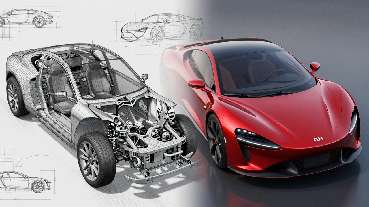 Split illustration comparing boxy British chassis vs curved GM unibody design